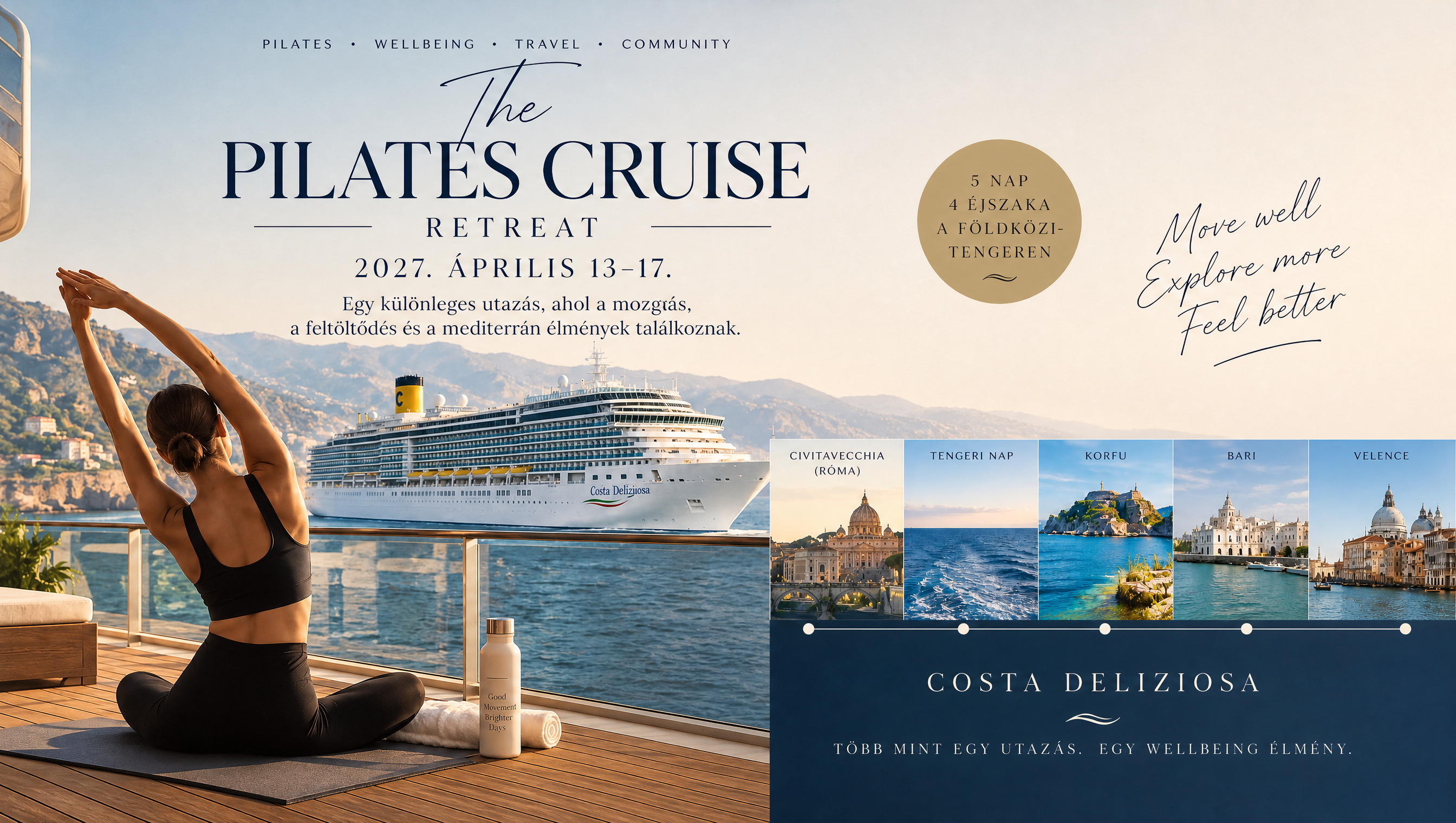 Pilates Cruise Retreat – 2027. április 13–17., Costa Deliziosa, Róma–Korfu–Bari–Velence